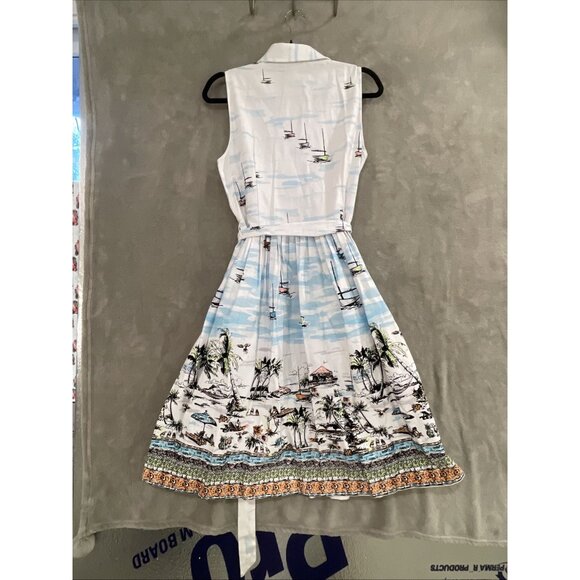 LF LESLIE FAY RETRO WATER COLOR ISLAND PRINT SLEEVELESS SHIRT DRESS WOMEN SZ 10 - Picture 11 of 16